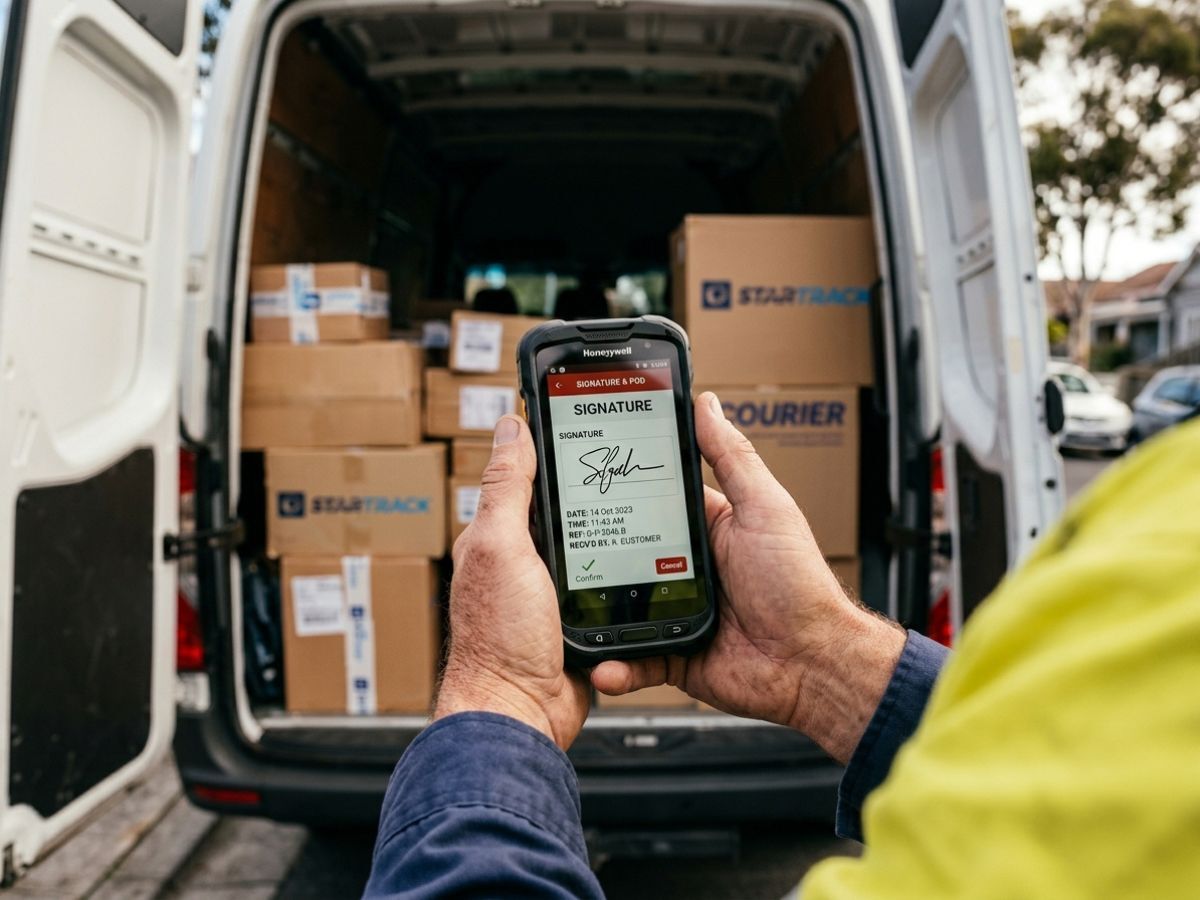 Courier scanning a parcel and capturing sign-on-glass POD