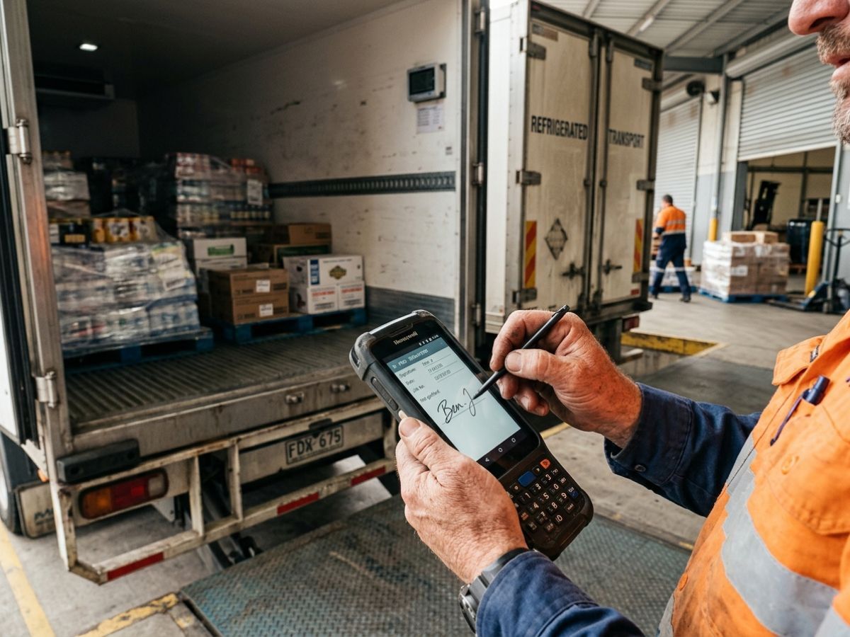 Reefer driver capturing POD at a chilled delivery dock