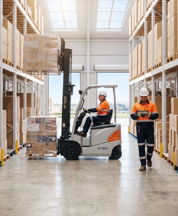 Homepage - Distribution centre racking aisle with a forklift