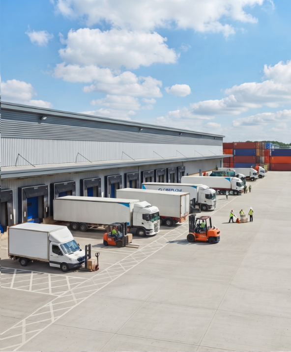 Homepage-integrated freight depot with various size trucks and containers