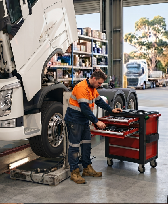 Workshop staff inspecting tools to fix an issue with a truck