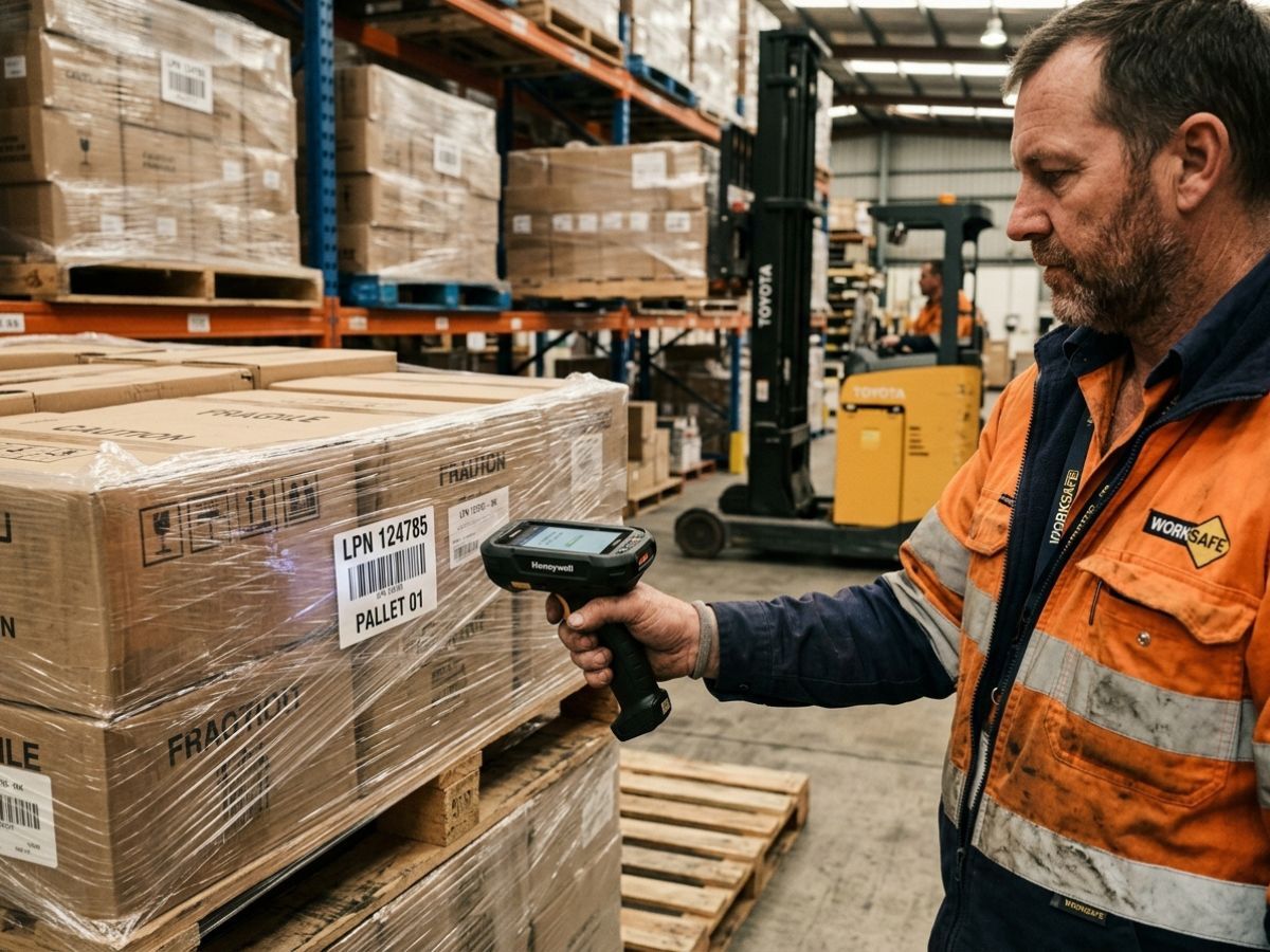 Warehouse worker scanning a licence-plate label with a handheld