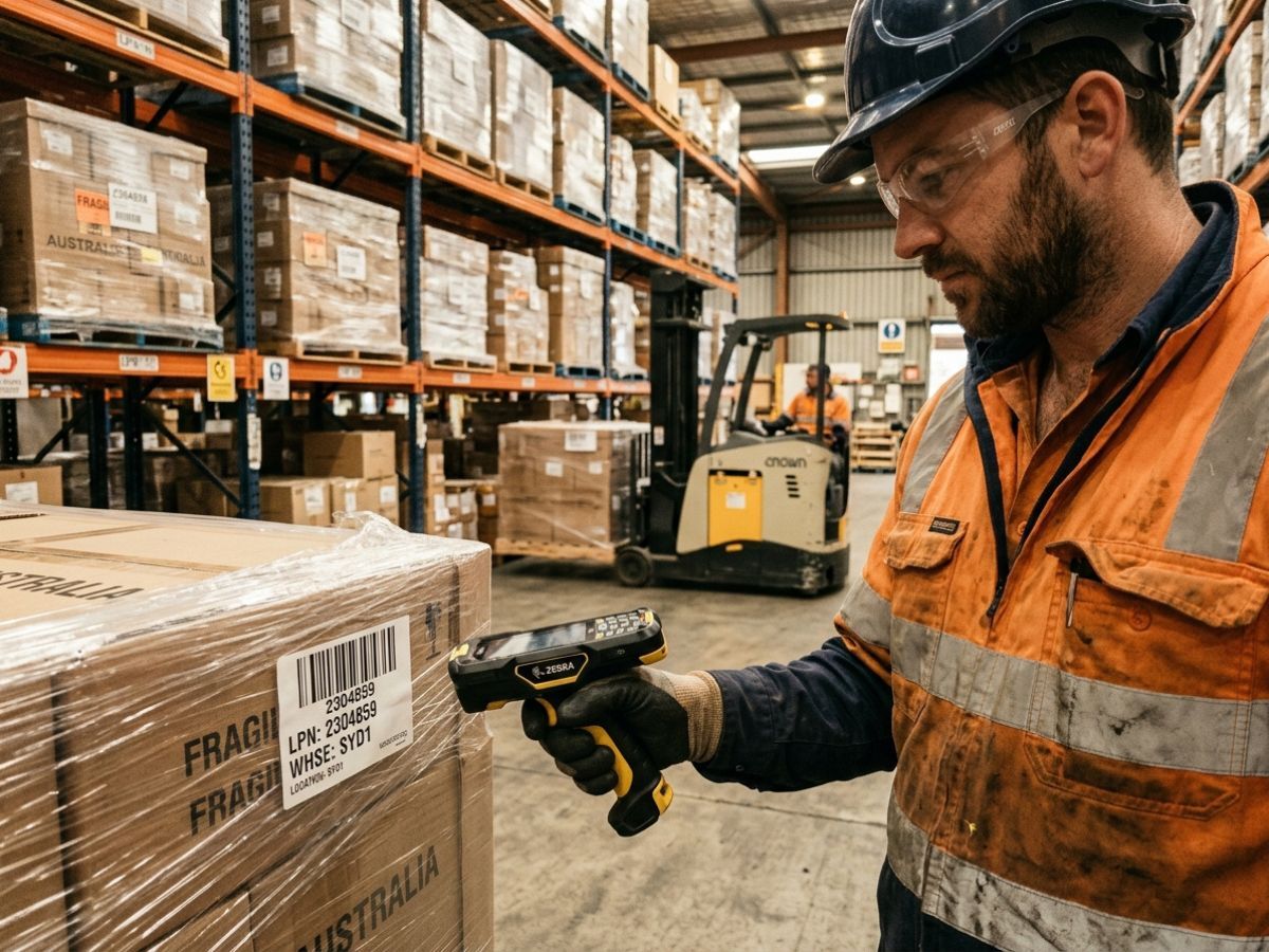Warehouse worker scans a licence-plate label with a handheld