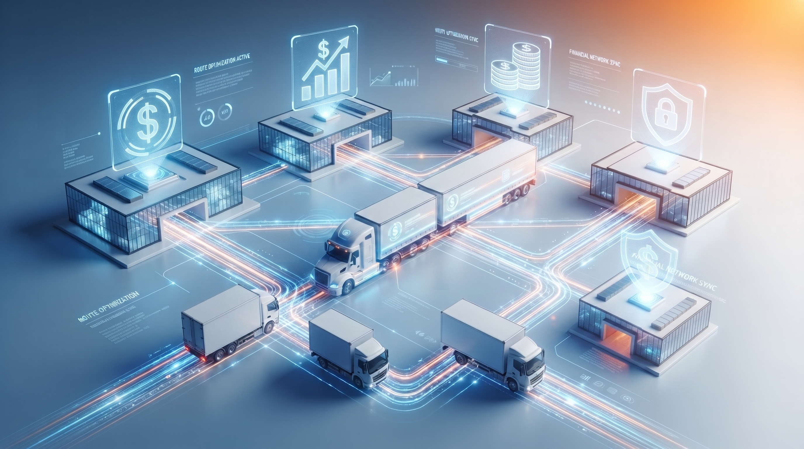 Isometric illustration of logistics depots connected by data streams with fleet vehicles and financial icons, representing depot-level financial visibility.