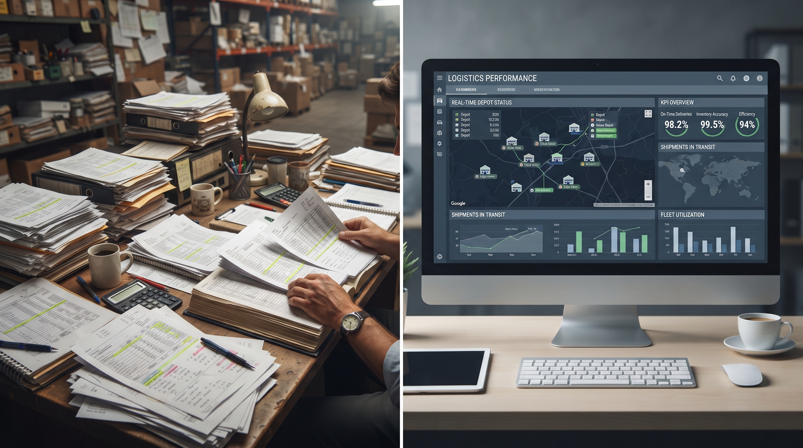Flat vector split scene showing messy paper reports on one side and an organized digital dashboard with depot icons on the other, illustrating the risks of fragmented reporting.