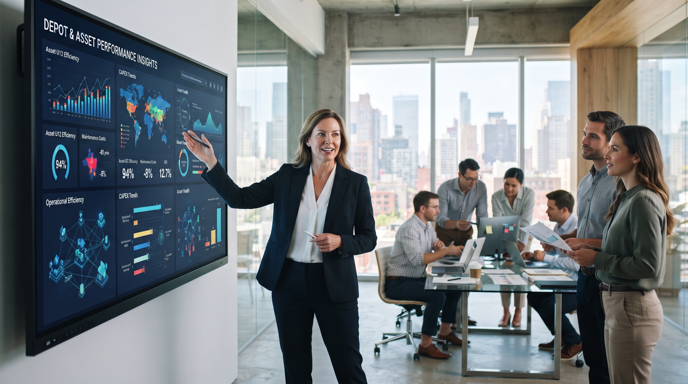 Photorealistic image of a CFO reviewing a digital screen with abstract depot and asset visuals, with a team collaborating in a modern office, representing empowered financial decision-making.