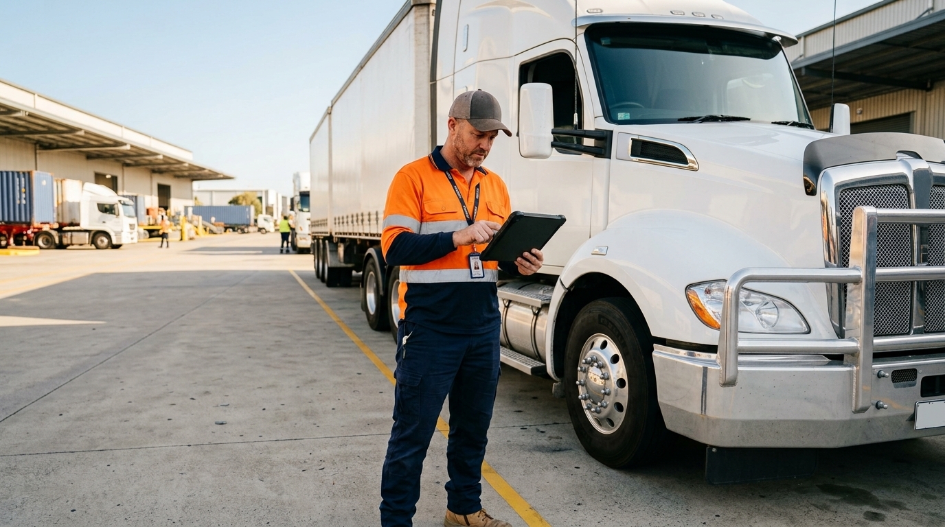 Australian freight driver using a tablet beside a modern truck at a logistics hub, highlighting digital transformation in driver workflows.