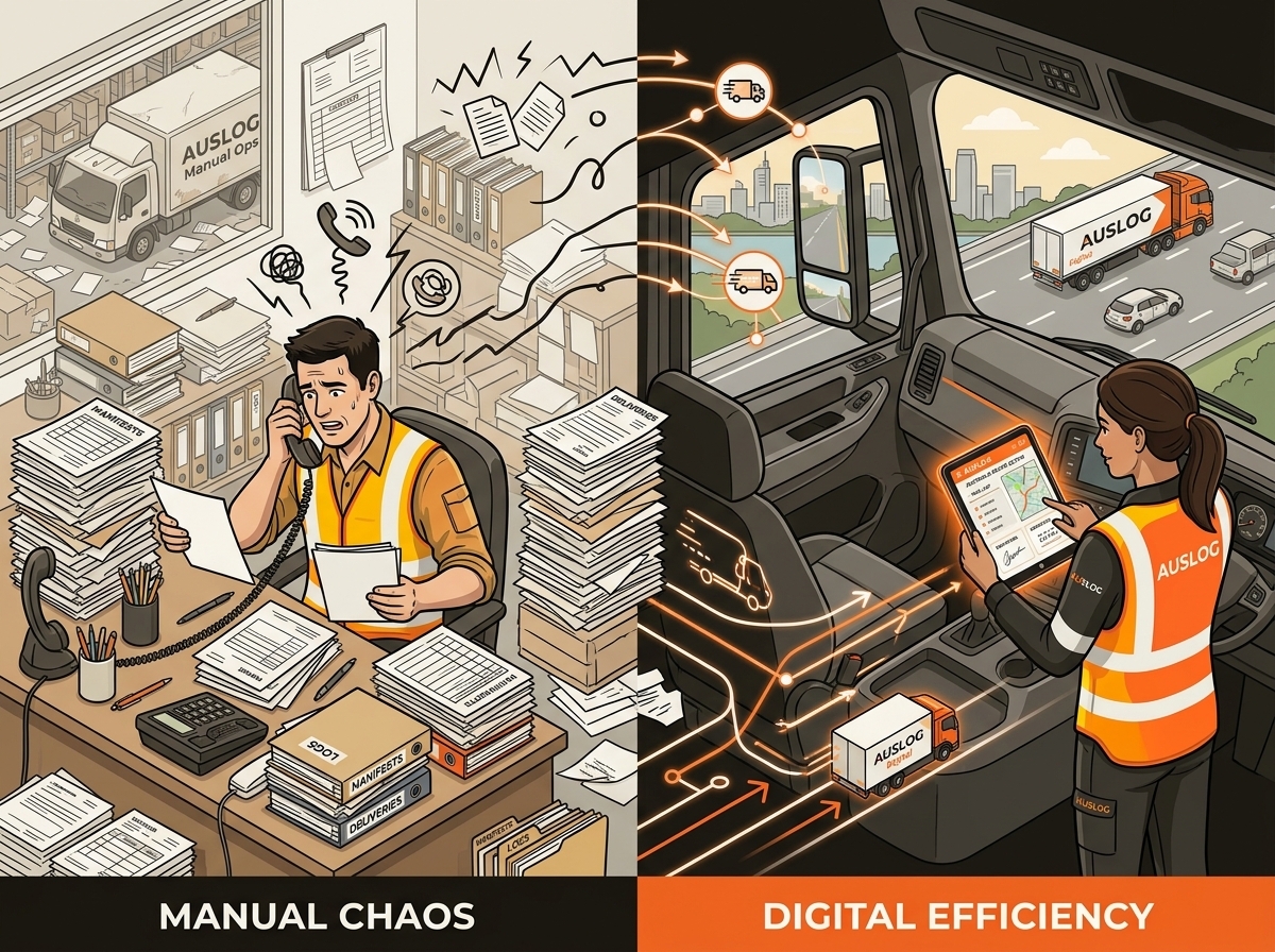 Isometric illustration comparing a freight driver handling paperwork and phone calls with a driver using a mobile device, representing the shift from legacy to digital workflows.