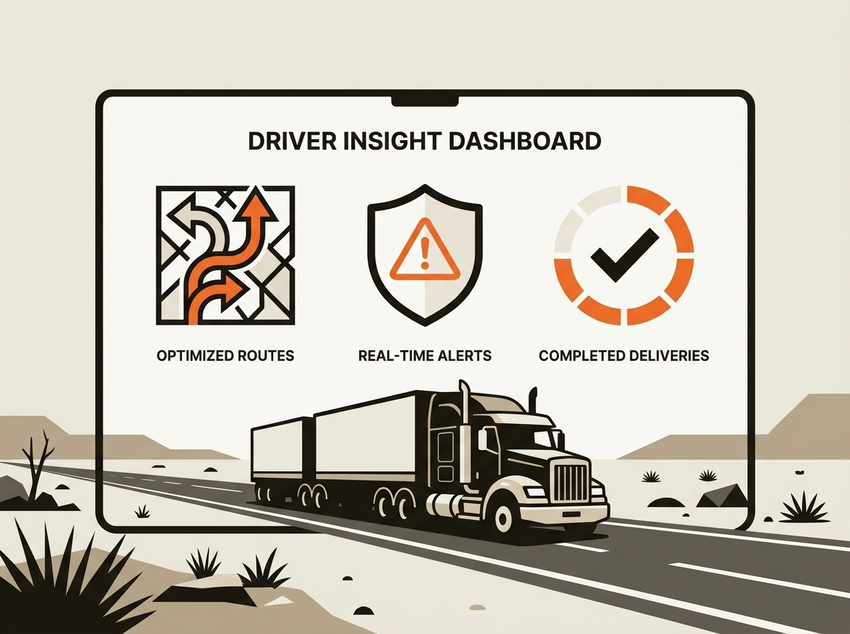 Flat vector image of a digital dashboard with icons for route optimization, safety, and tasks above a stylized truck, illustrating safer and more predictable days for freight drivers.