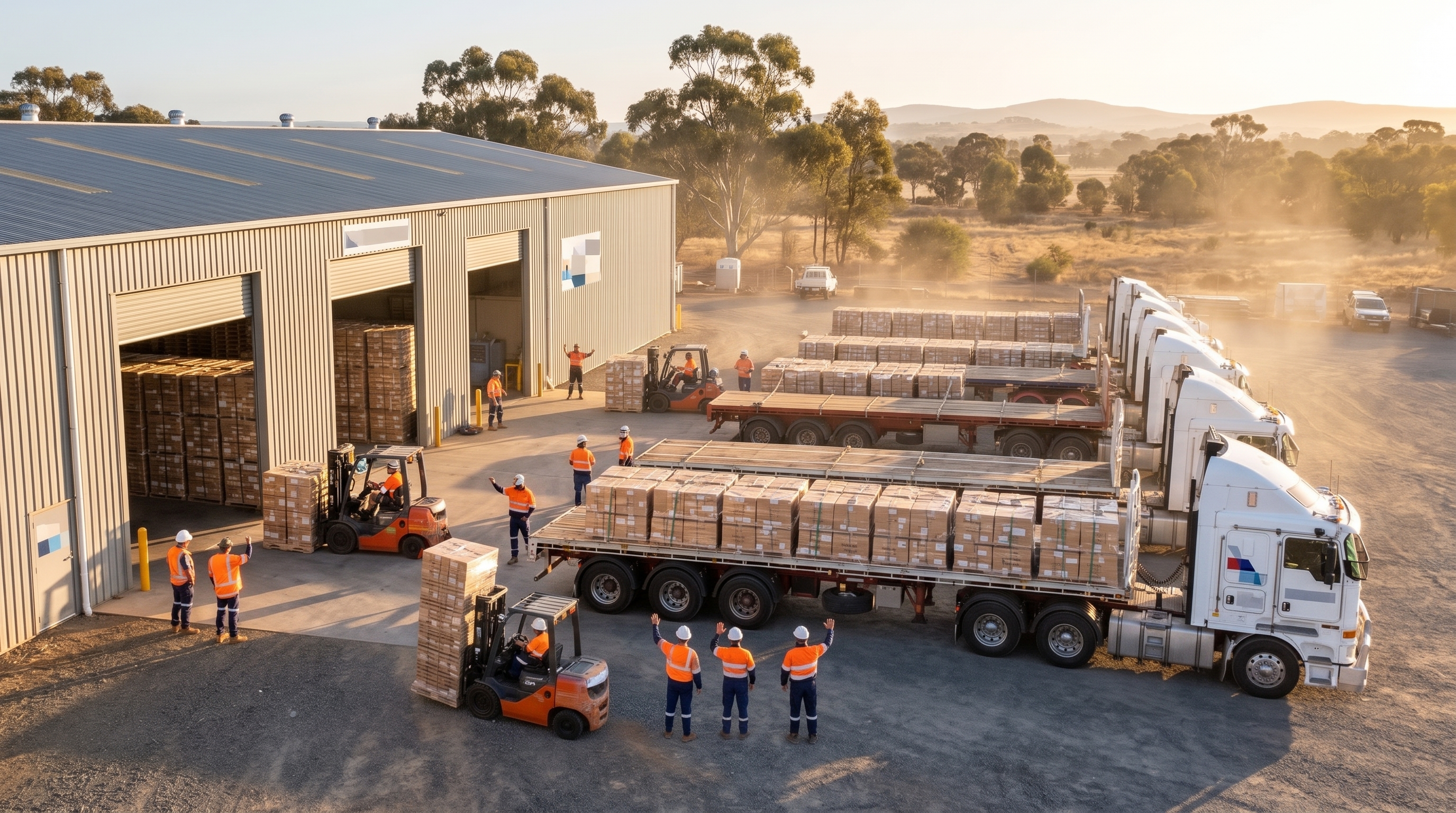 Australian transport depot at sunrise with B-double trucks, warehouse staff in hi-vis, and forklifts moving pallets, illustrating unified logistics operations.