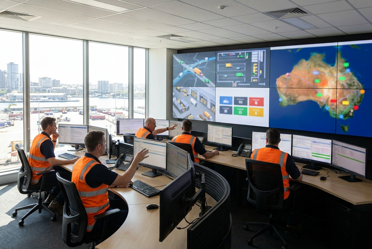 Fleet control room with staff in hi-vis vests monitoring multiple screens showing abstract transport and warehouse data, representing unified operations in action.
