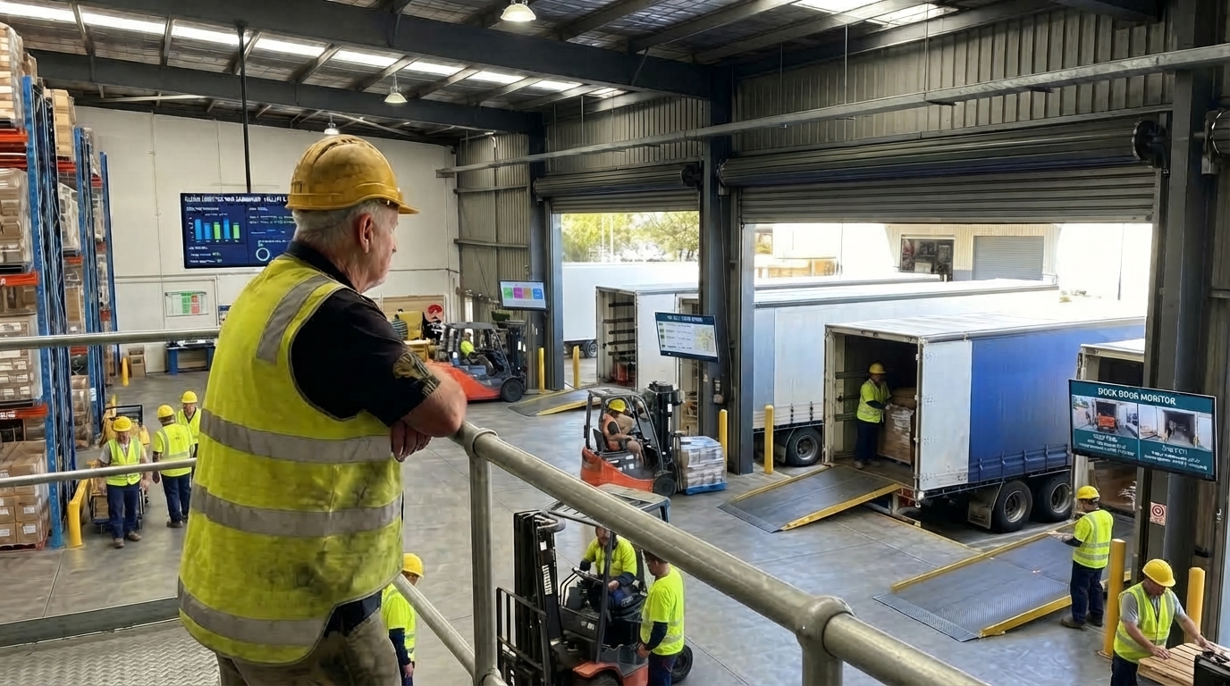 Depot manager in hi-vis vest stands on a mezzanine, overseeing warehouse operations and trucks at the loading dock, highlighting leadership visibility across unified logistics.