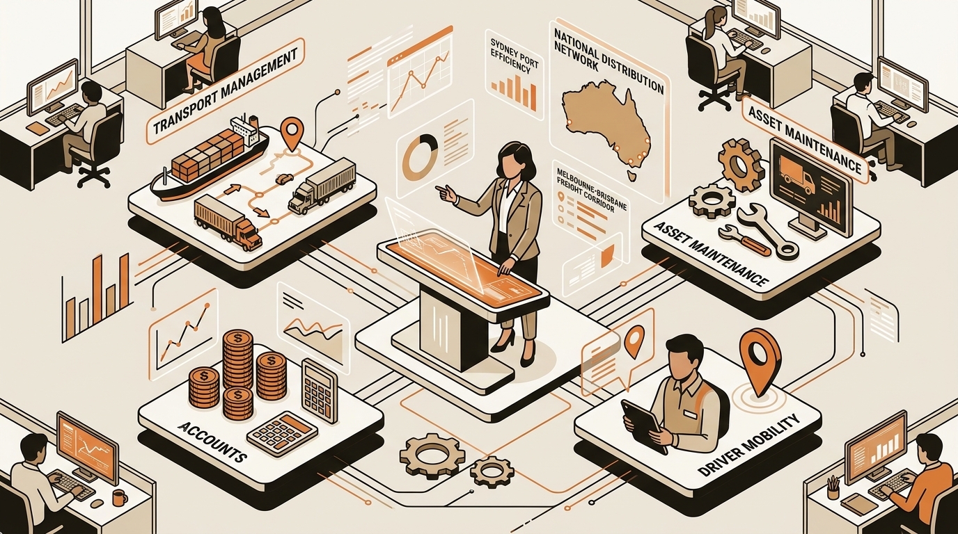 Isometric illustration of a logistics CEO at a digital hub, surrounded by interconnected modules for transport, finance, maintenance, and mobility, symbolizing modern ERP integration.