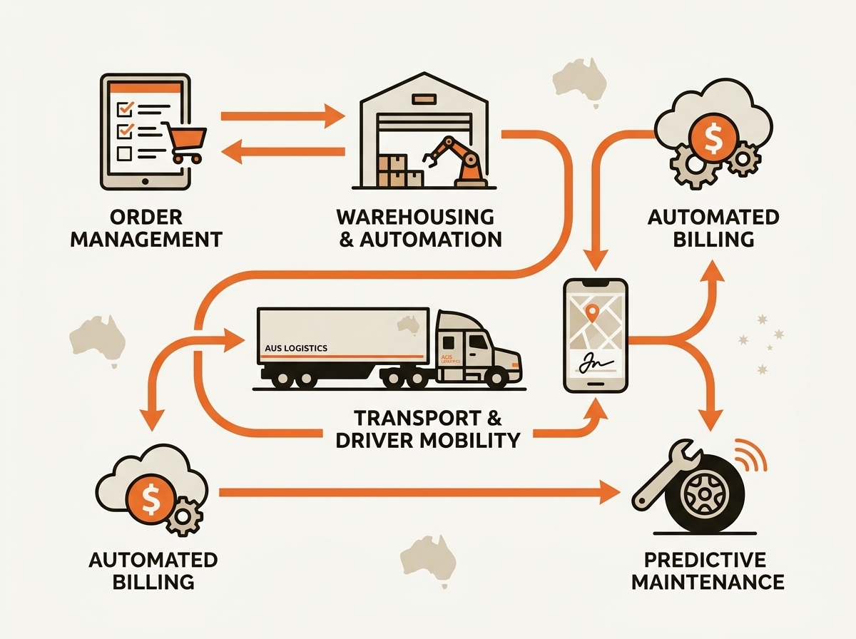 Flat vector showing an automated workflow connecting logistics, finance, maintenance, and driver mobility icons with flowing arrows, representing operational integration.
