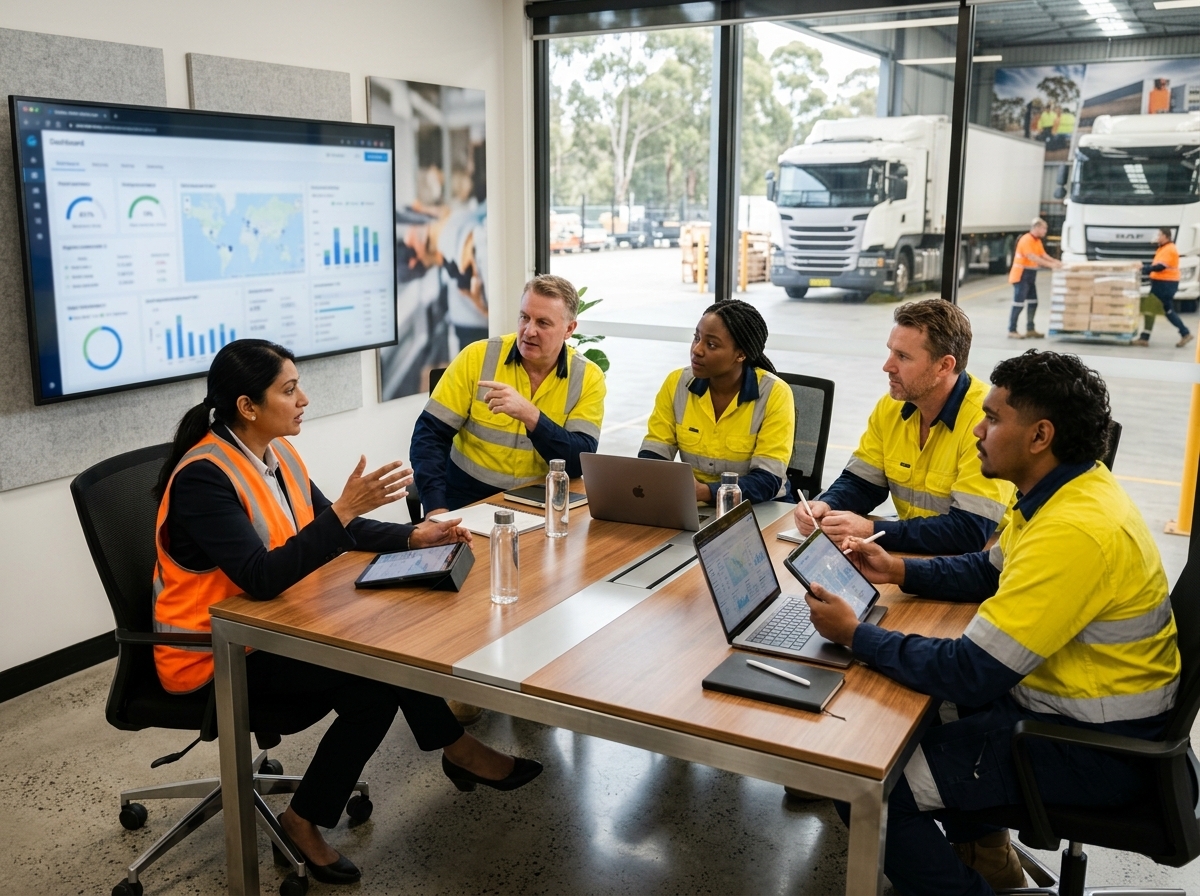 Photorealistic scene of executives in a modern office reviewing digital dashboards together, highlighting teamwork and focus on business metrics.