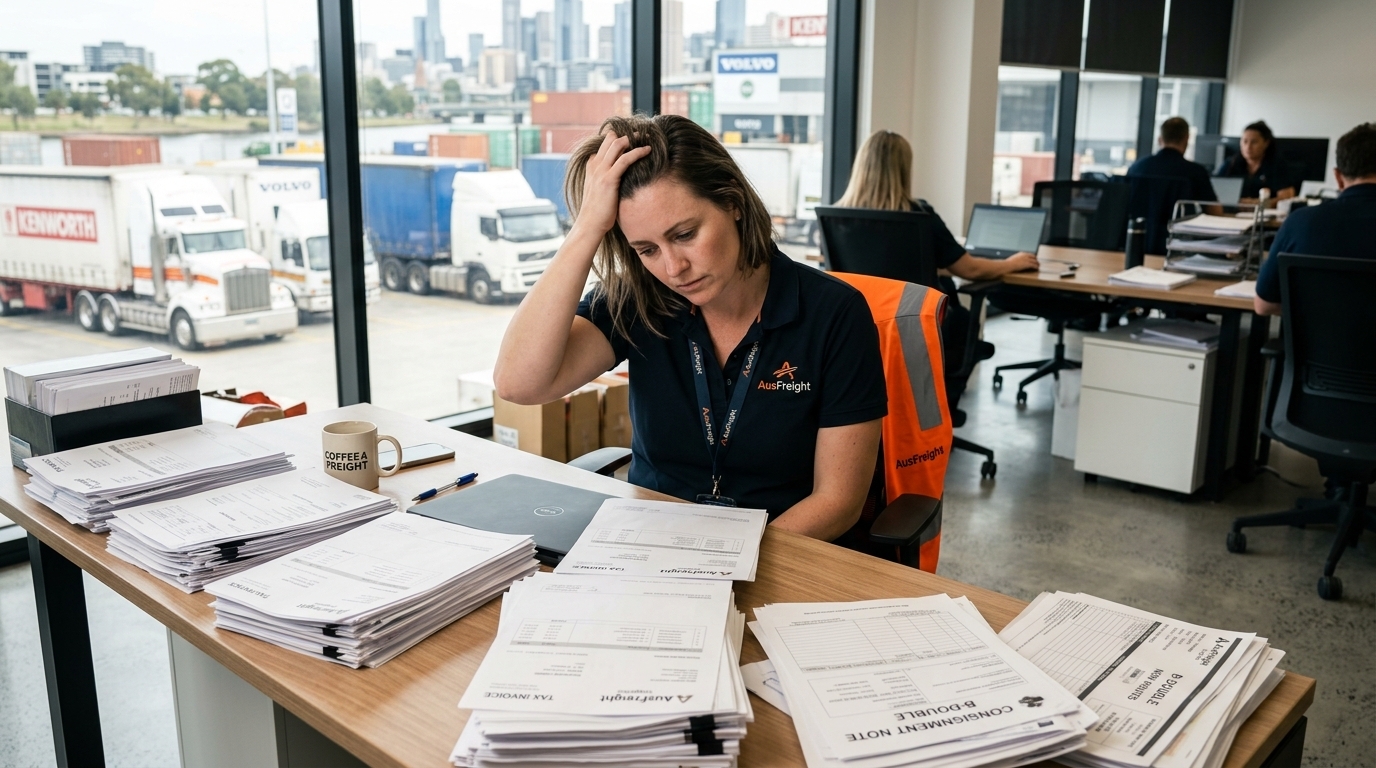 A logistics manager looks concerned at a desk filled with paper invoices and a laptop in a modern office.