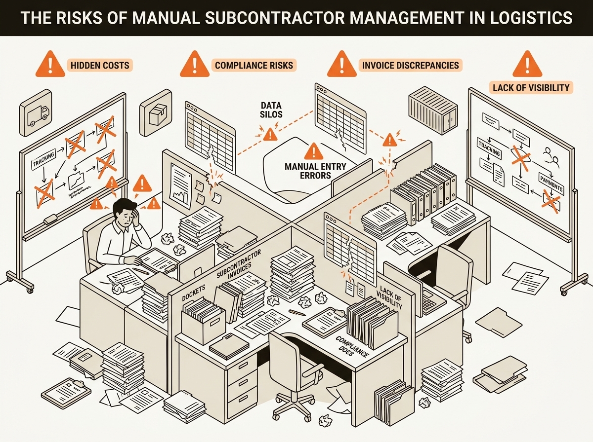 Isometric illustration of a cluttered workflow with paper, spreadsheets, and warning symbols representing risks in manual processes.