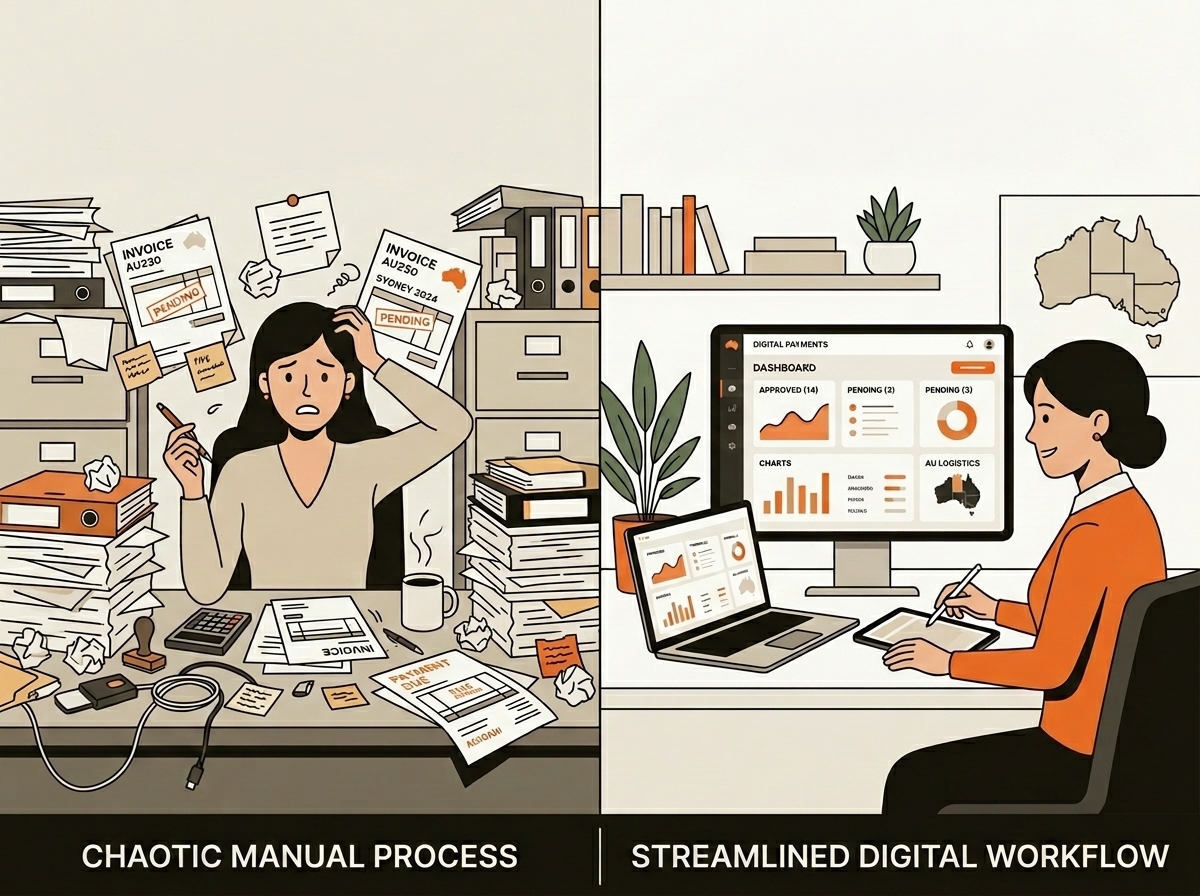 Flat vector split image showing chaotic manual payments on one side and organized automated workflow on the other.