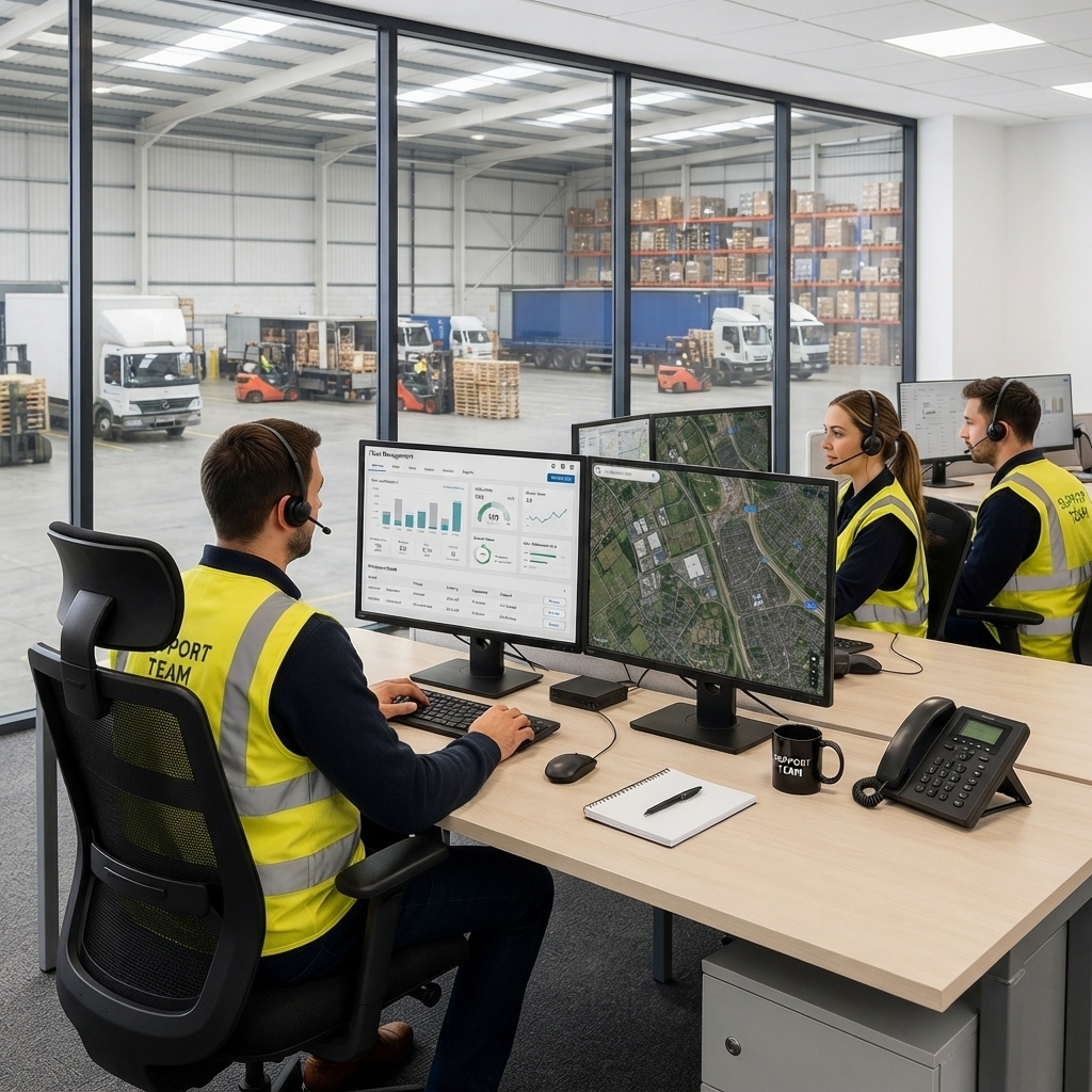An office worker looks frustrated at their computer, separated by a glass window from a warehouse with empty pallets and a waiting truck.