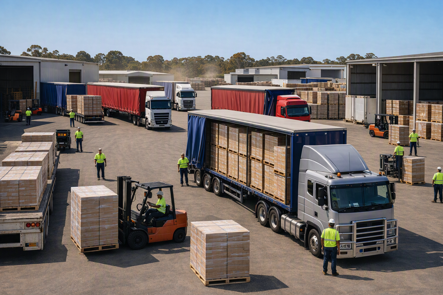 Workers in hi-vis vests load pallets onto a B-double truck at a busy Australian freight depot, with forklifts and other trucks in the background.