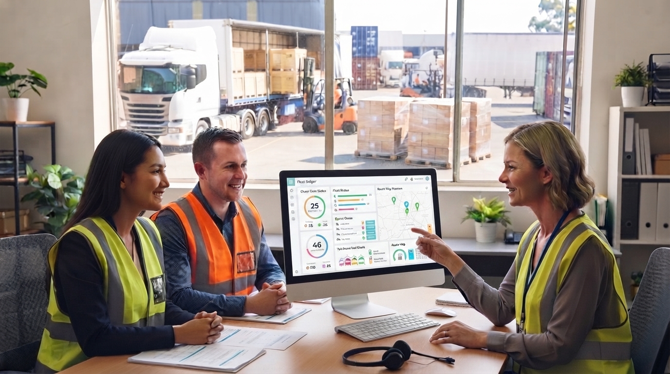 Customer service staff in hi-vis vests collaborate around a computer showing abstract data, with trucks being loaded visible through a nearby window.