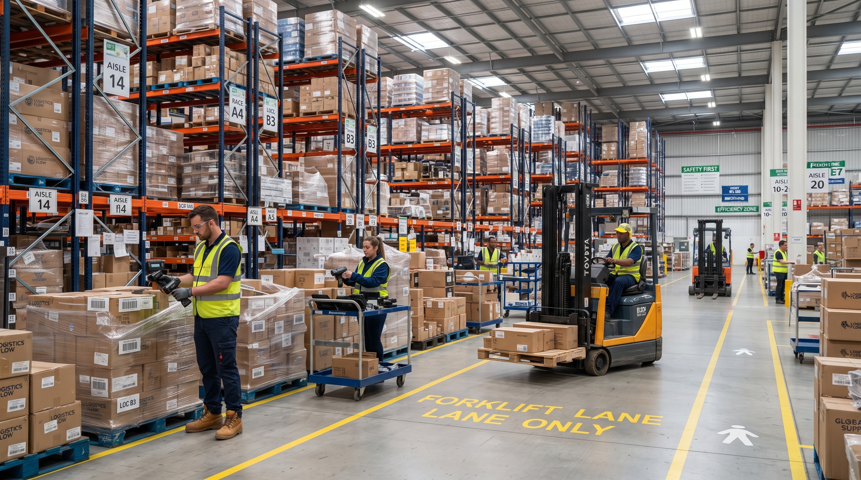 Warehouse workers use mobile devices to scan inventory among organized shelves in a bright, modern warehouse.