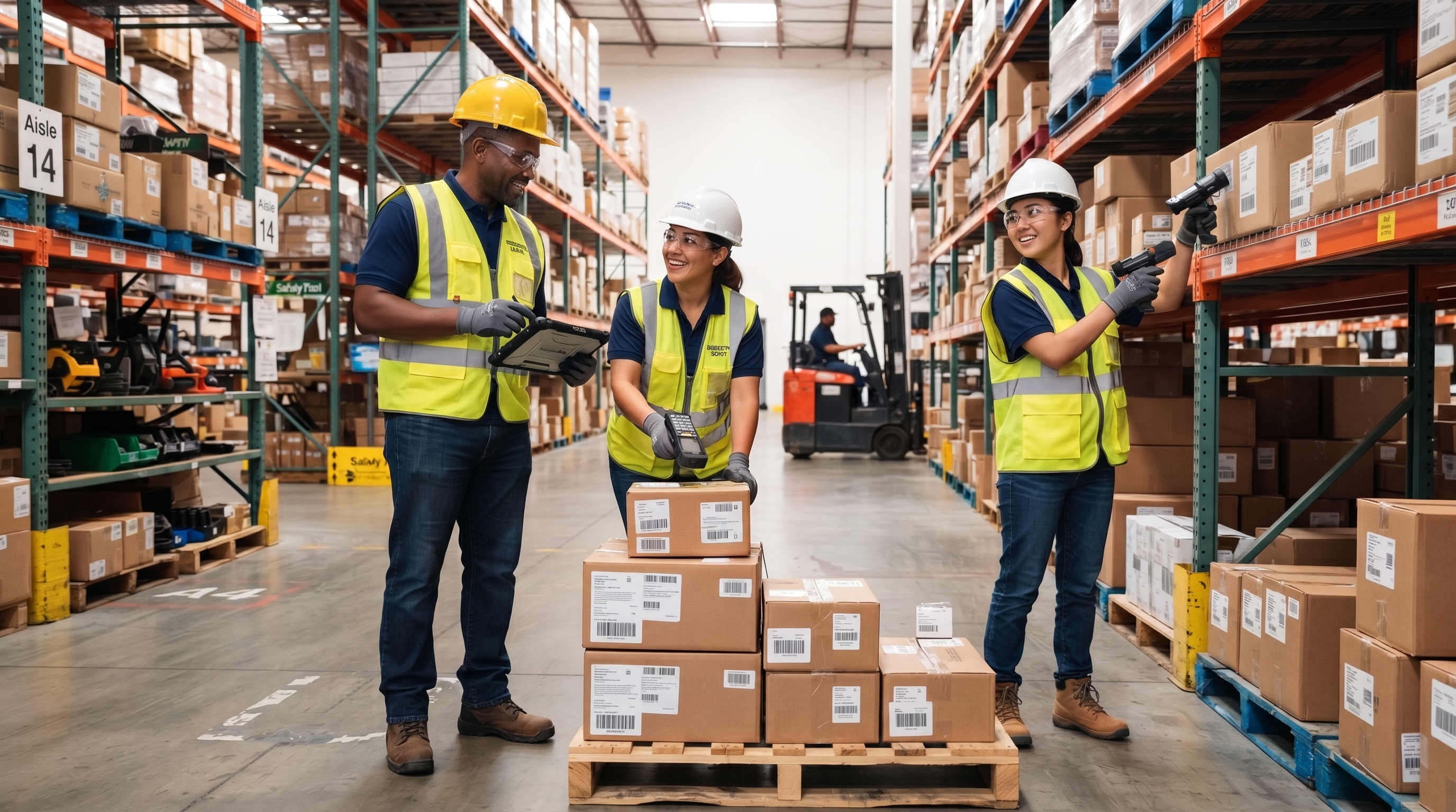 Flat vector illustration of a diverse warehouse team using mobile devices to manage inventory, suggesting collaboration and empowerment.