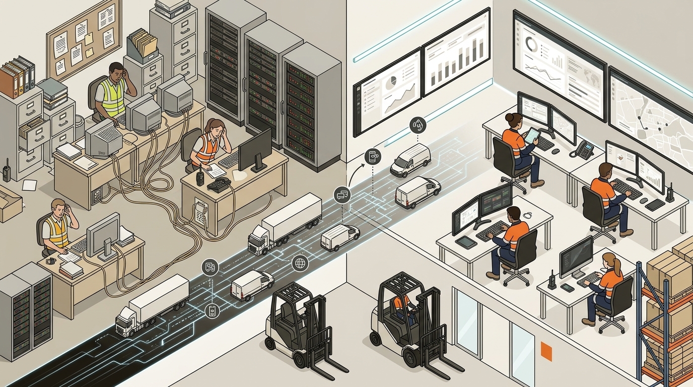 An isometric illustration showing a logistics control room divided between outdated, tangled legacy technology and a sleek, integrated digital system, with transport vehicles and dashboards connecting both sides.