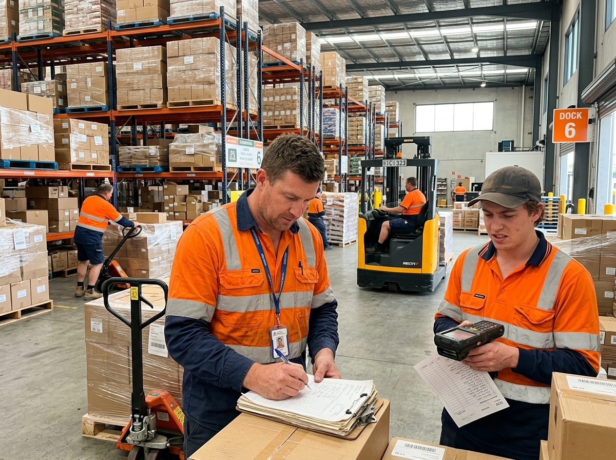 A realistic warehouse scene with workers using various devices and paper forms, illustrating the operational challenges of fragmented logistics systems.