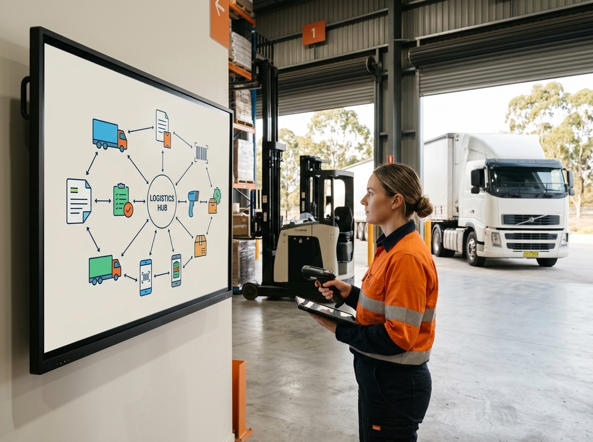A minimal vector image of logistics icons like trucks and documents connected through a central digital platform, representing integrated transport management.