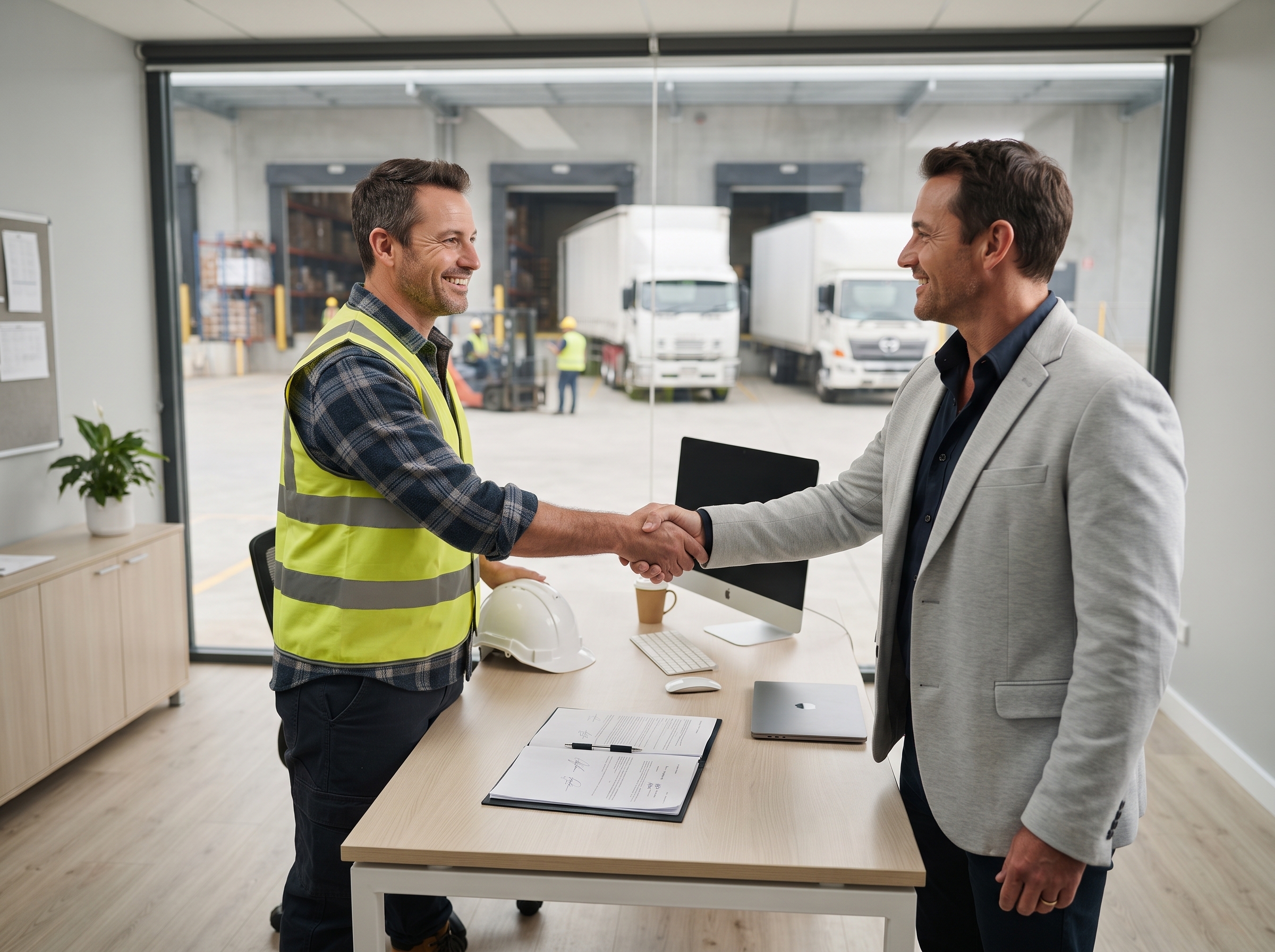 A logistics manager and a customer in a hi-vis vests shake hands in a modern Australian freight depot office, with trucks and pallets visible through the windows.