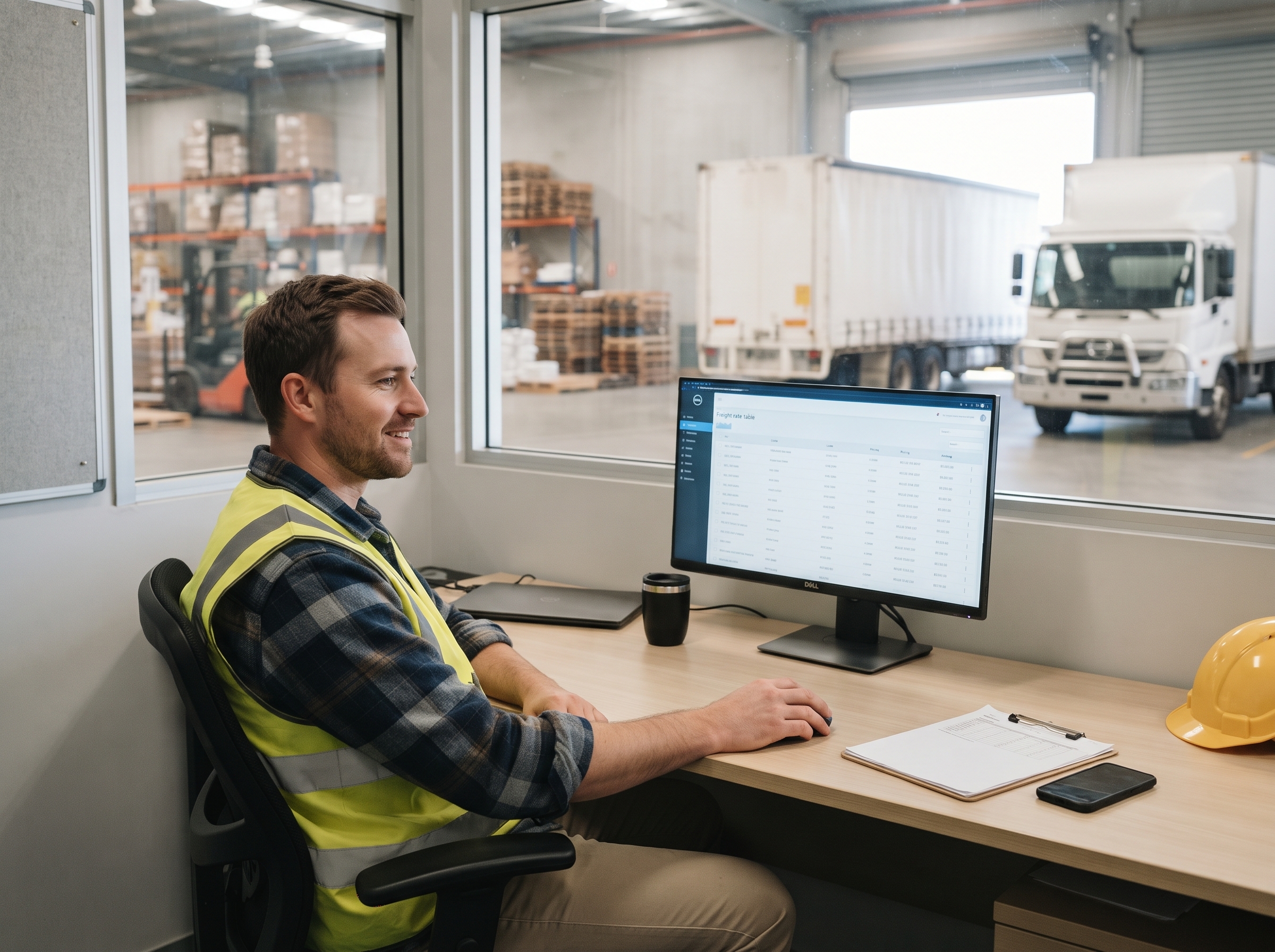 A happy customer at a computer desk checks a screen for an instant freight rate quote as a forklift moves pallets nearby.