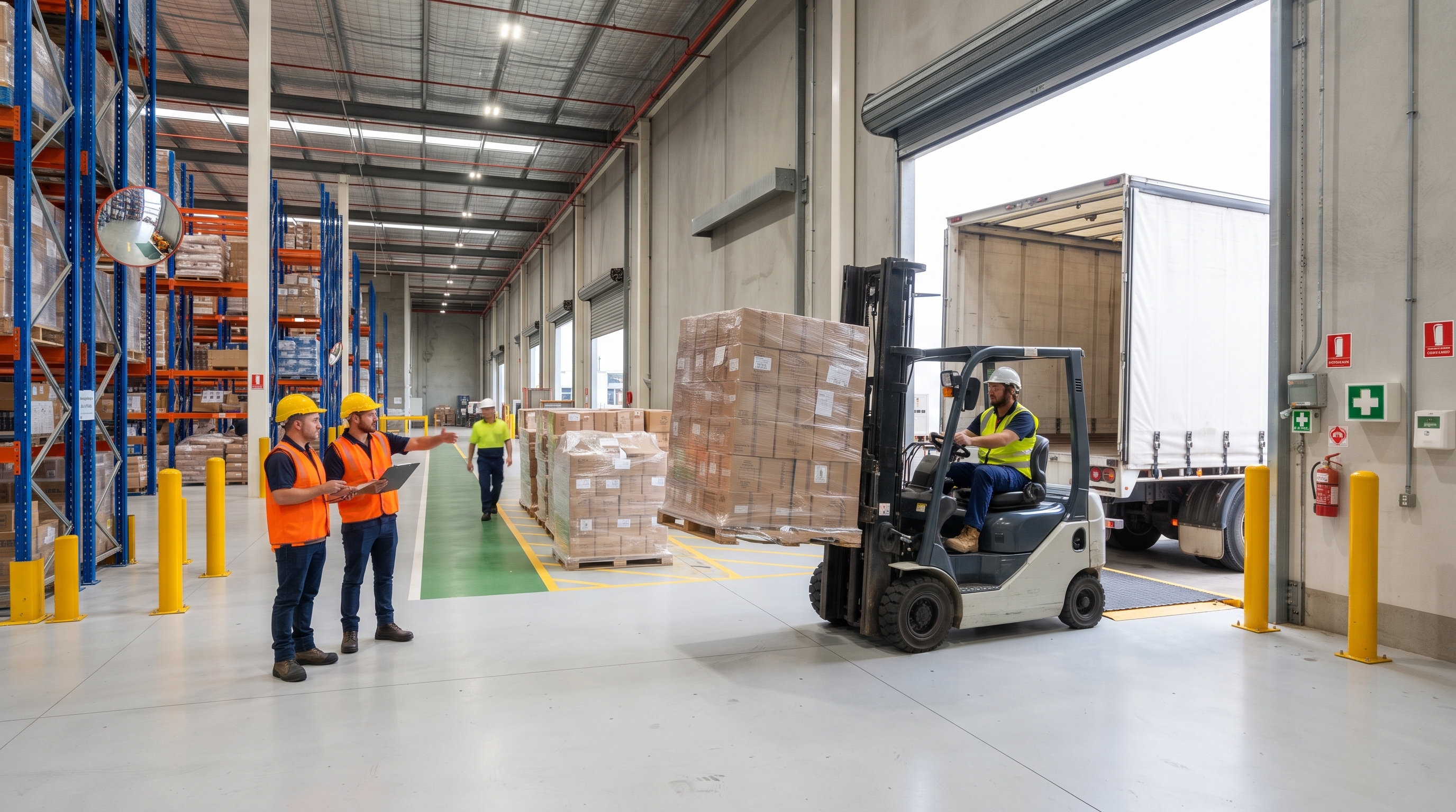 Customer warehouse is getting filled in with fully packed pallets, workers in hi-vis vests unload pallets from a B-double truck at a busy Australian warehouse, with forklifts and other trucks in the background.
